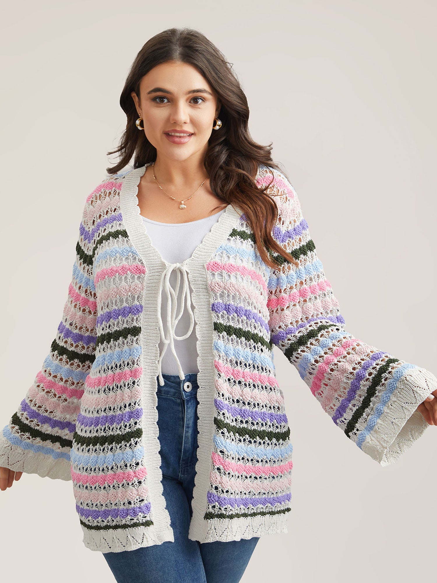 Cut-Out Multi-Color Lace Trim Cardigan