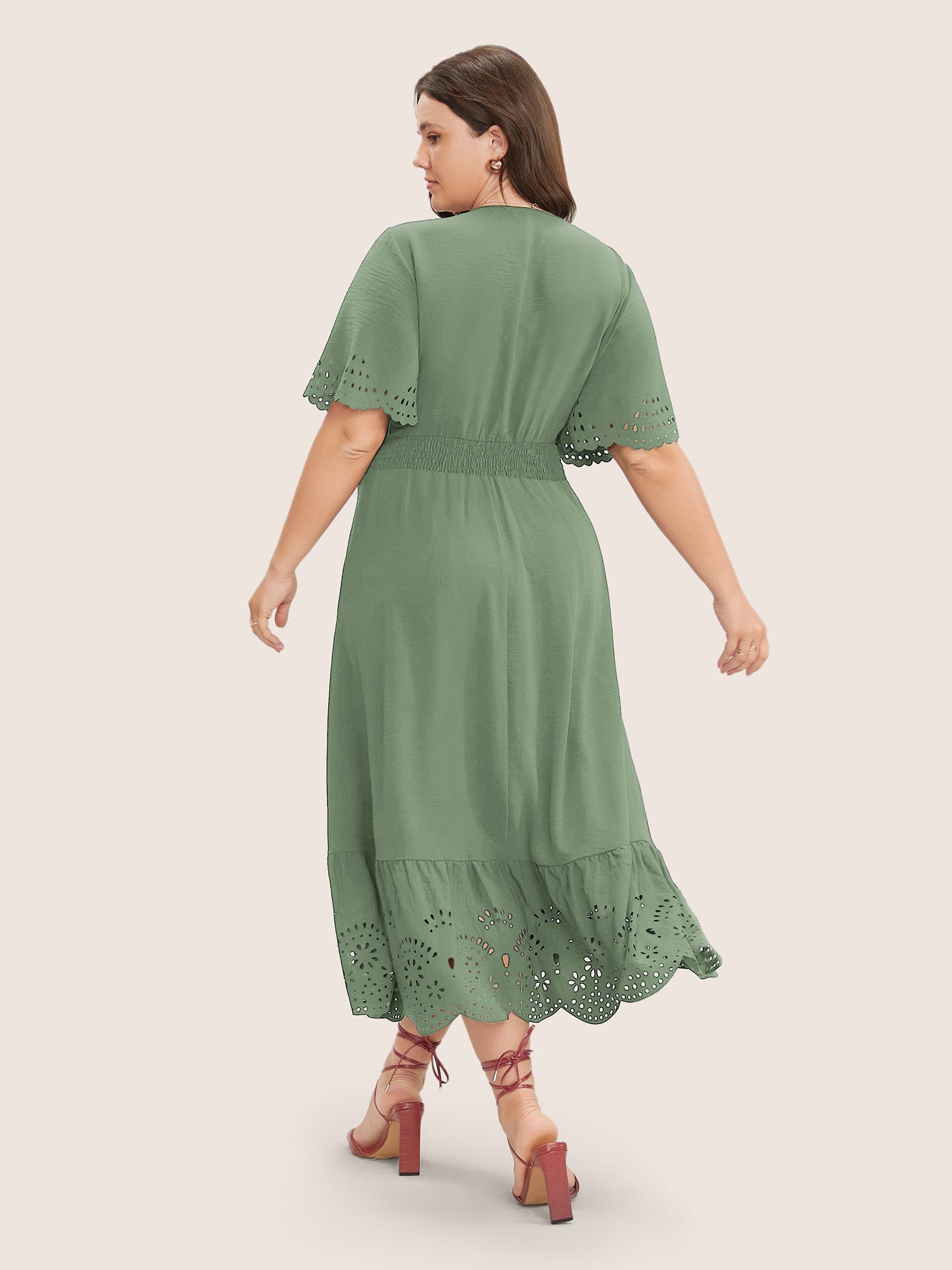 Solid Laser Cut Shirred Pocket Wrap Scalloped Trim Flutter Dress