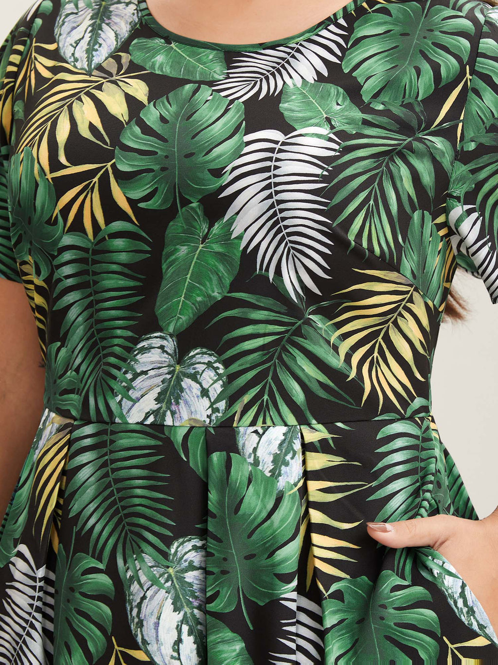 Tropical Escape Print Pockets Tiered Midi Dress