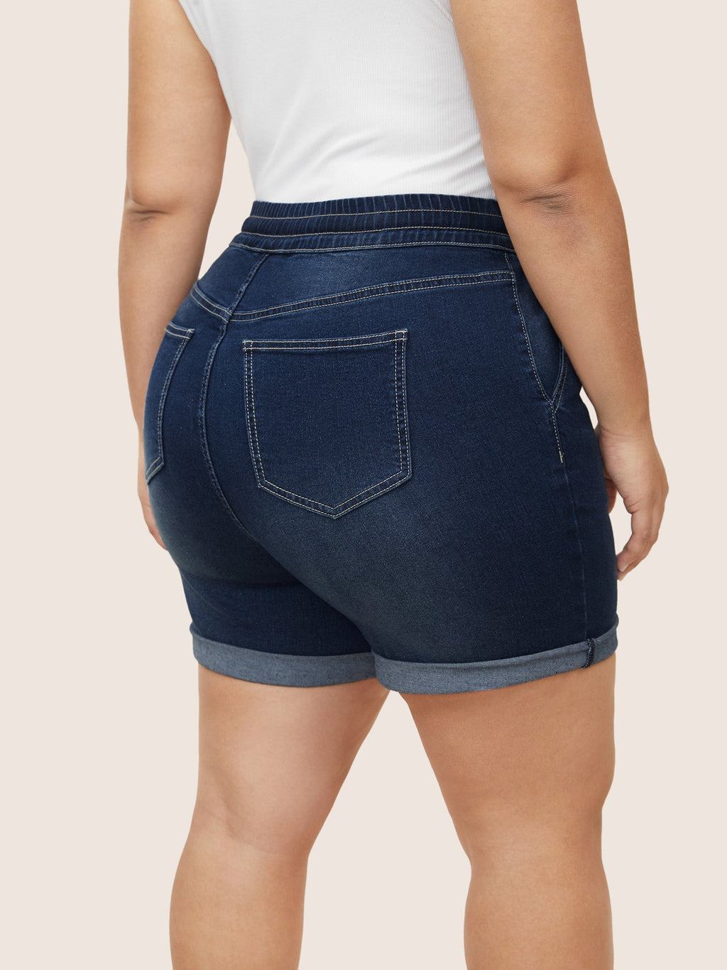 Roll Hem Elastic Waist Drawstring Denim Shorts