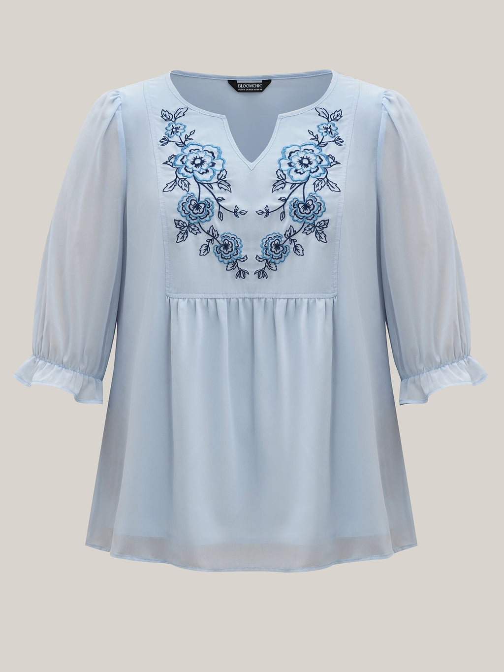 Chiffon Embroidery Puff Sleeve Pleated Shirt
