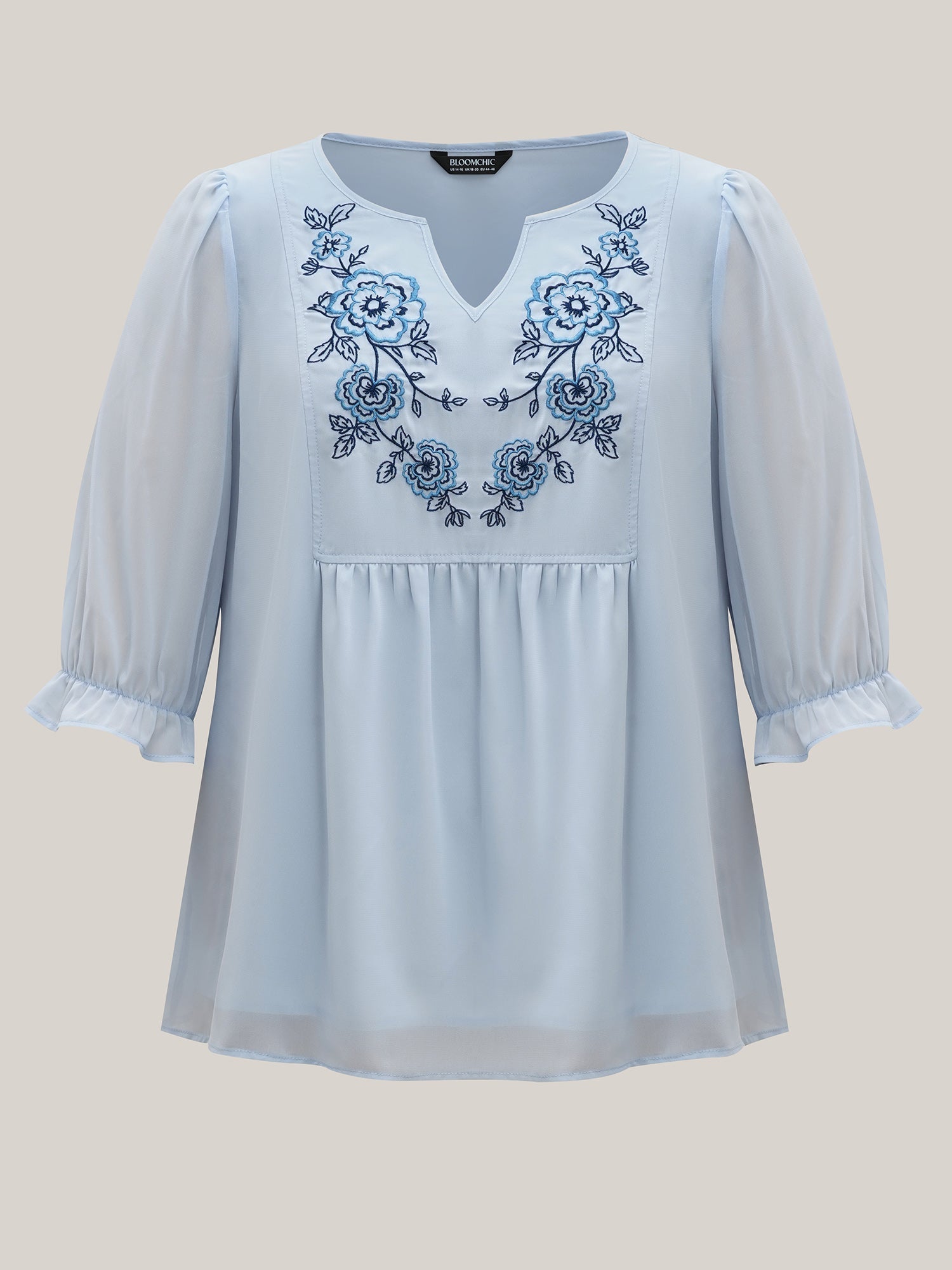 Chiffon Embroidery Puff Sleeve Pleated Shirt