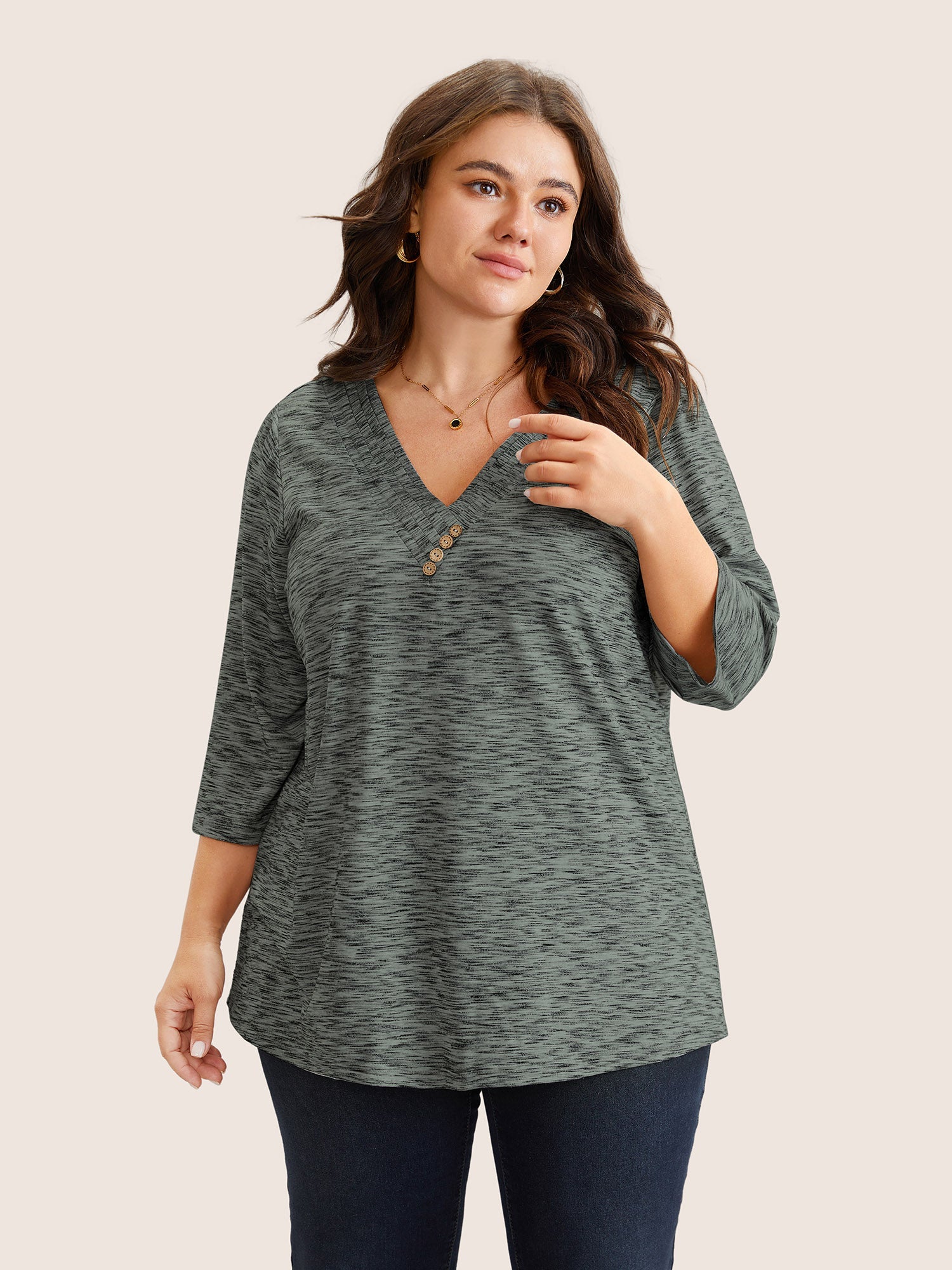 Heather Pleated Button Detail T-shirt