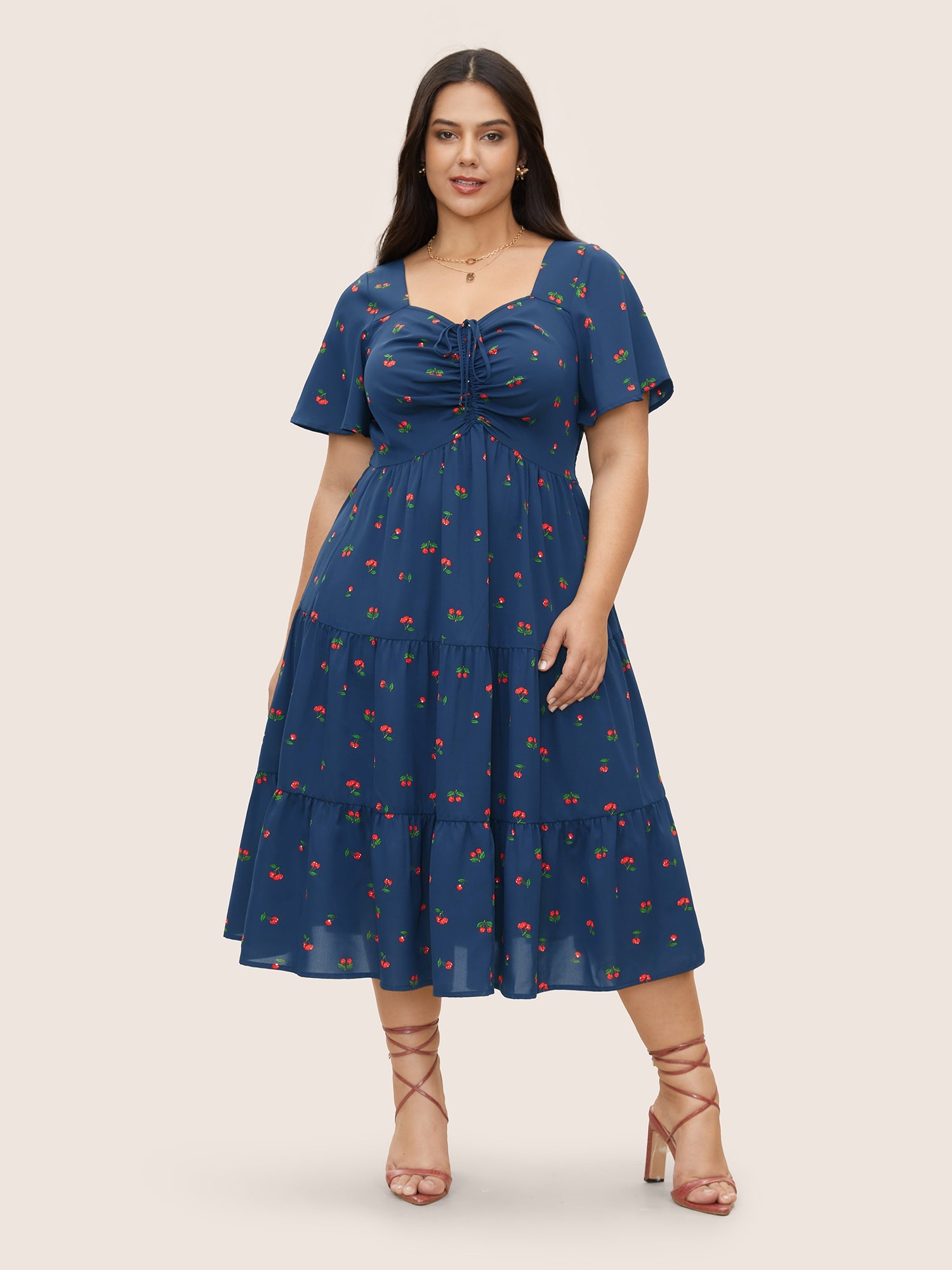Citrus Fruit Print Heart Neckline Drawstring Pleated Dress