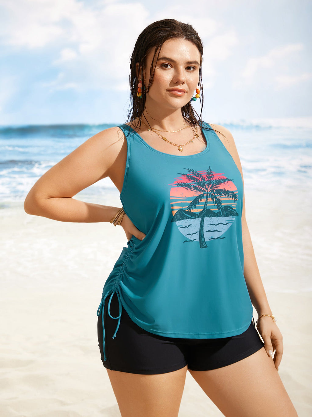 Island Print Drawstring Adjustable Swim Top