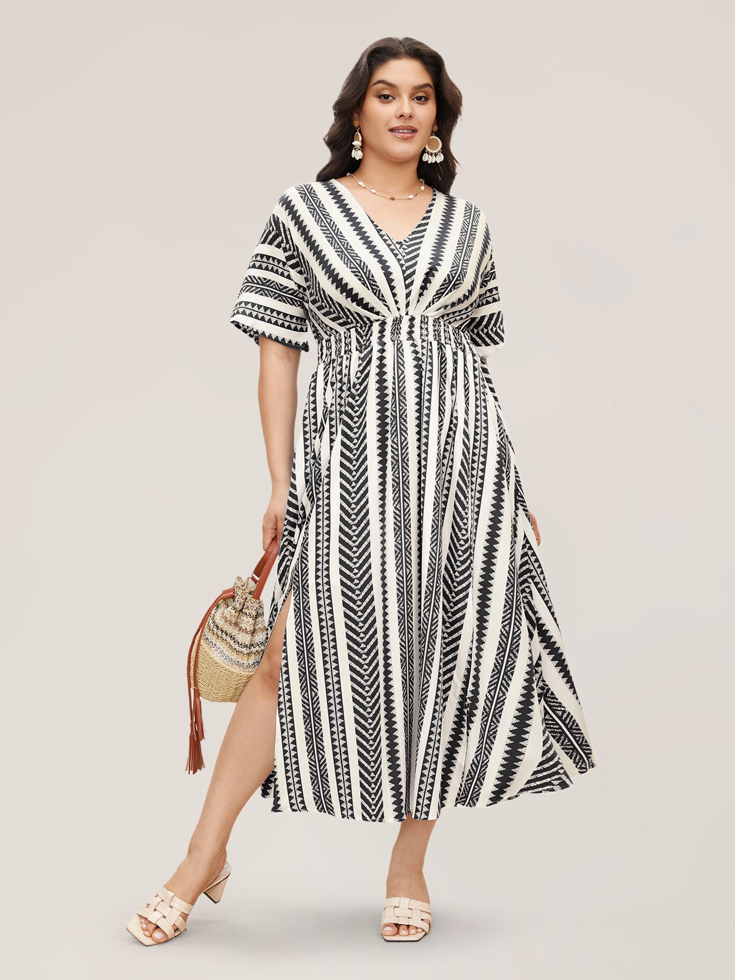 Solid Geometric Dolman Sleeve Pocket Shirred Split Hem Dress