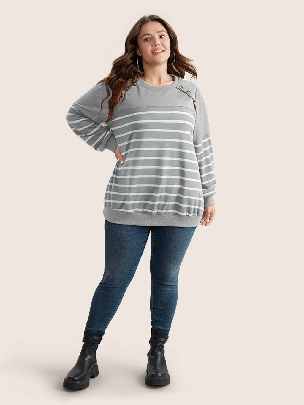 Striped Patchwork Button Detail Sweatshirt