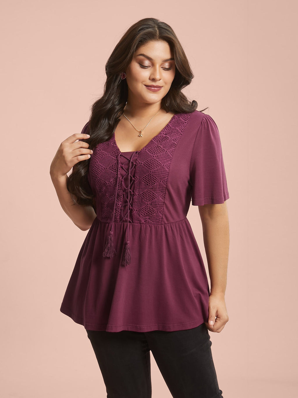 Lace-Up Tassels Patchwork Plain Top