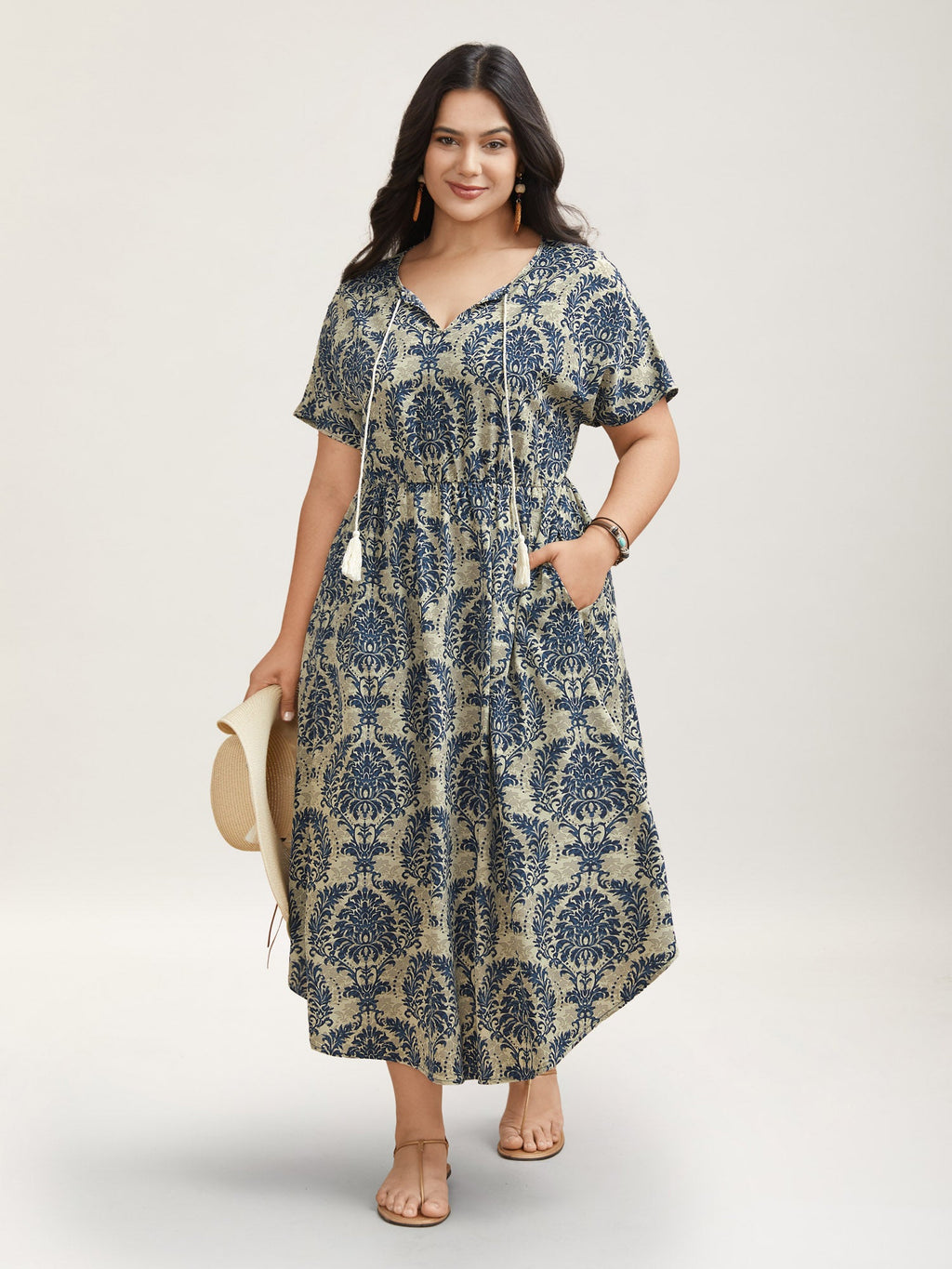 Ornate Print Curvy Hem Tied Maxi Dress