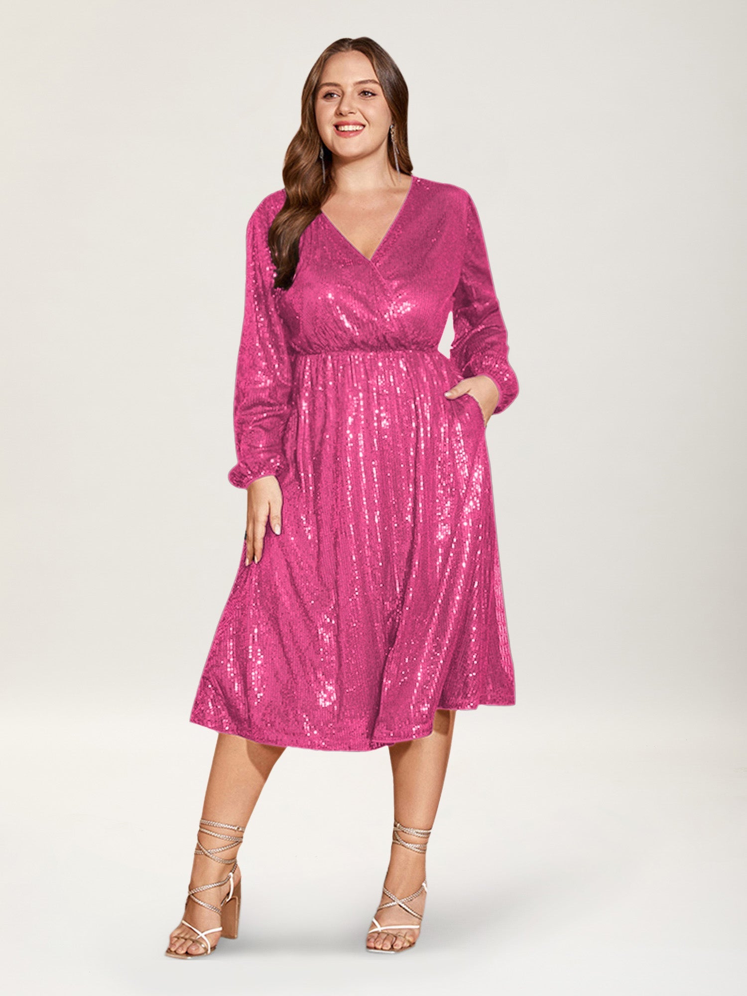 Solid Pocket Lantern Sleeve Wrap Sequin Dress