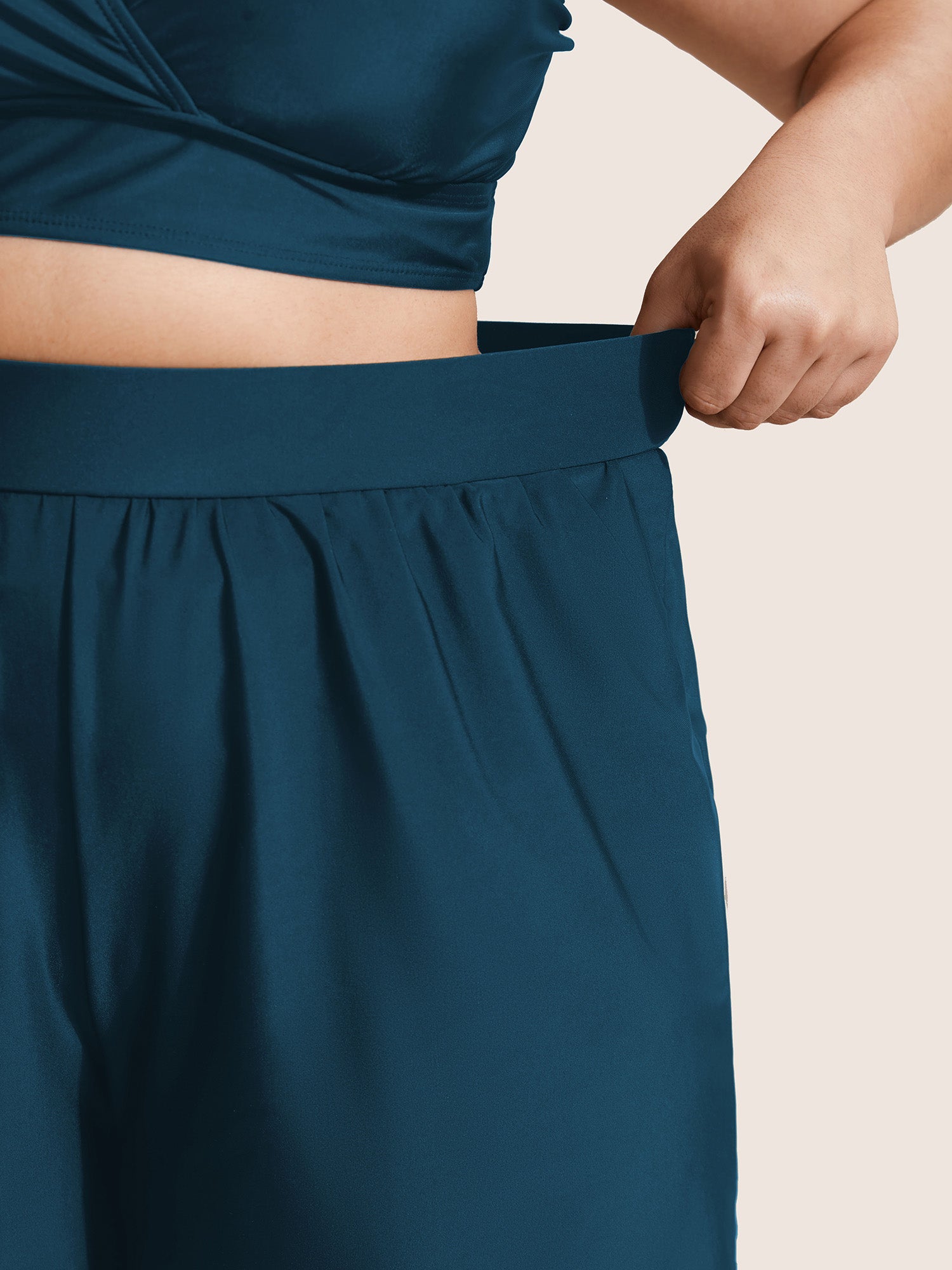 High Waisted Pockets Solid Pleated Swim Bottom