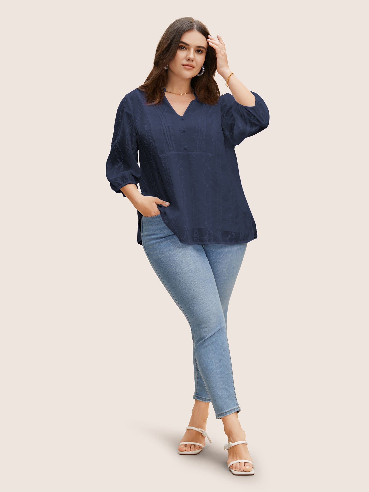 Texture Mesh Button Detail Tucked Seam Blouse
