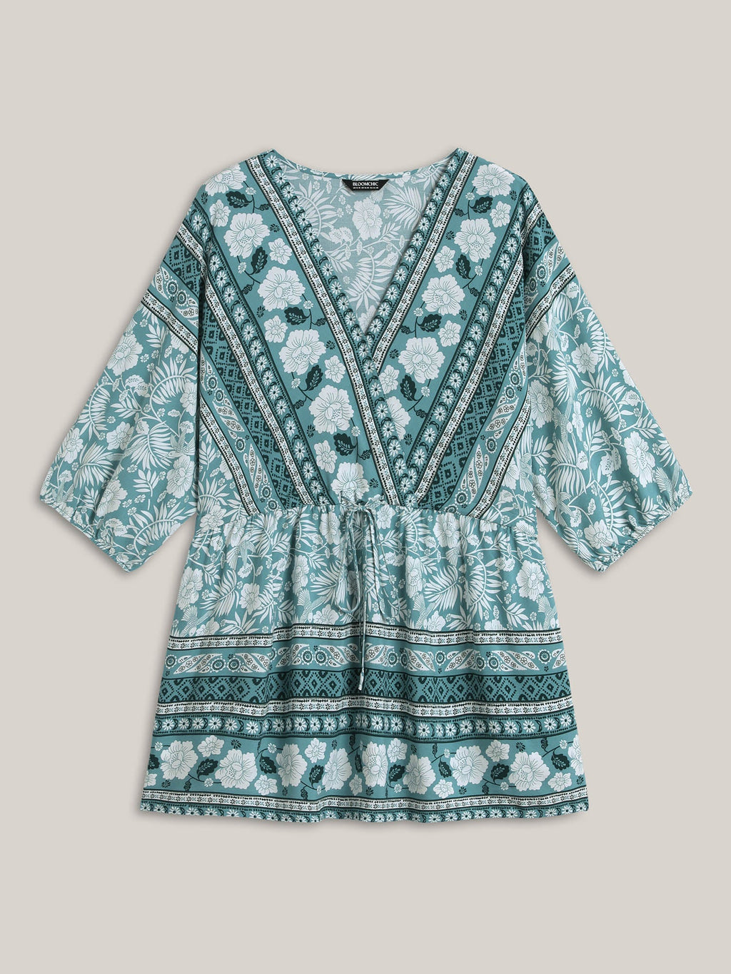 Floral Print Surplice Neck Waist-Cinched Shirt