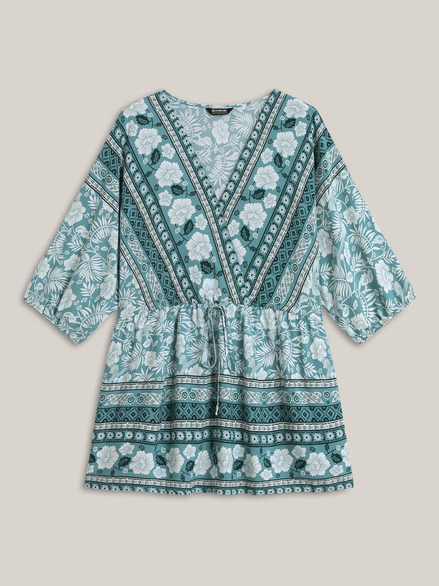 Floral Print Surplice Neck Waist-Cinched Shirt