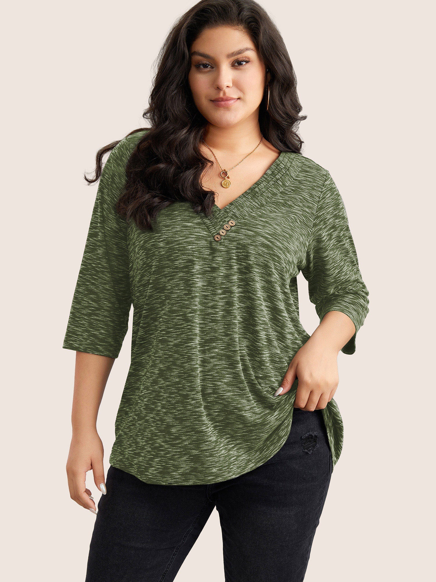 Heather Pleated Button Detail T-shirt