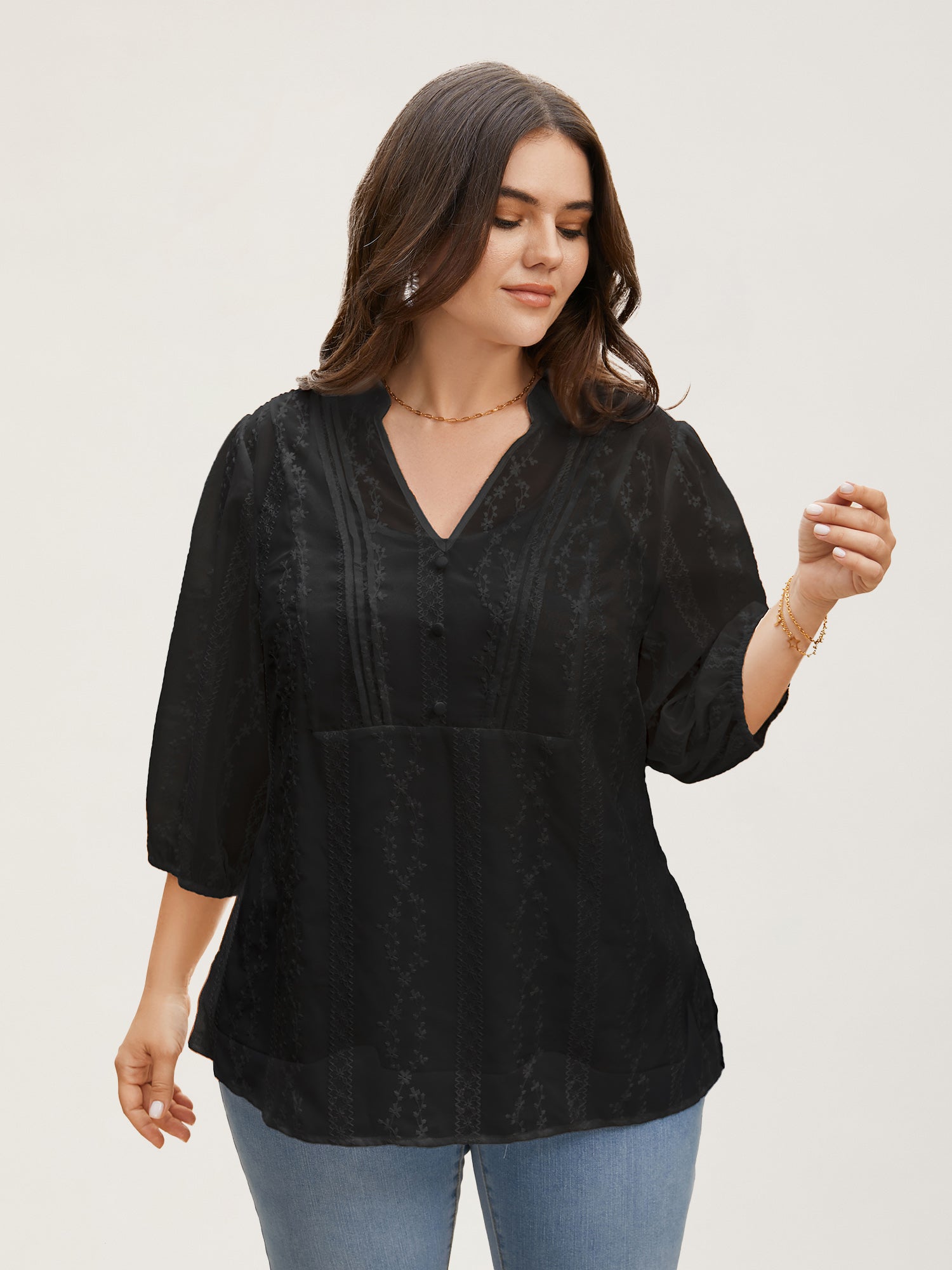 Texture Mesh Button Detail Tucked Seam Blouse