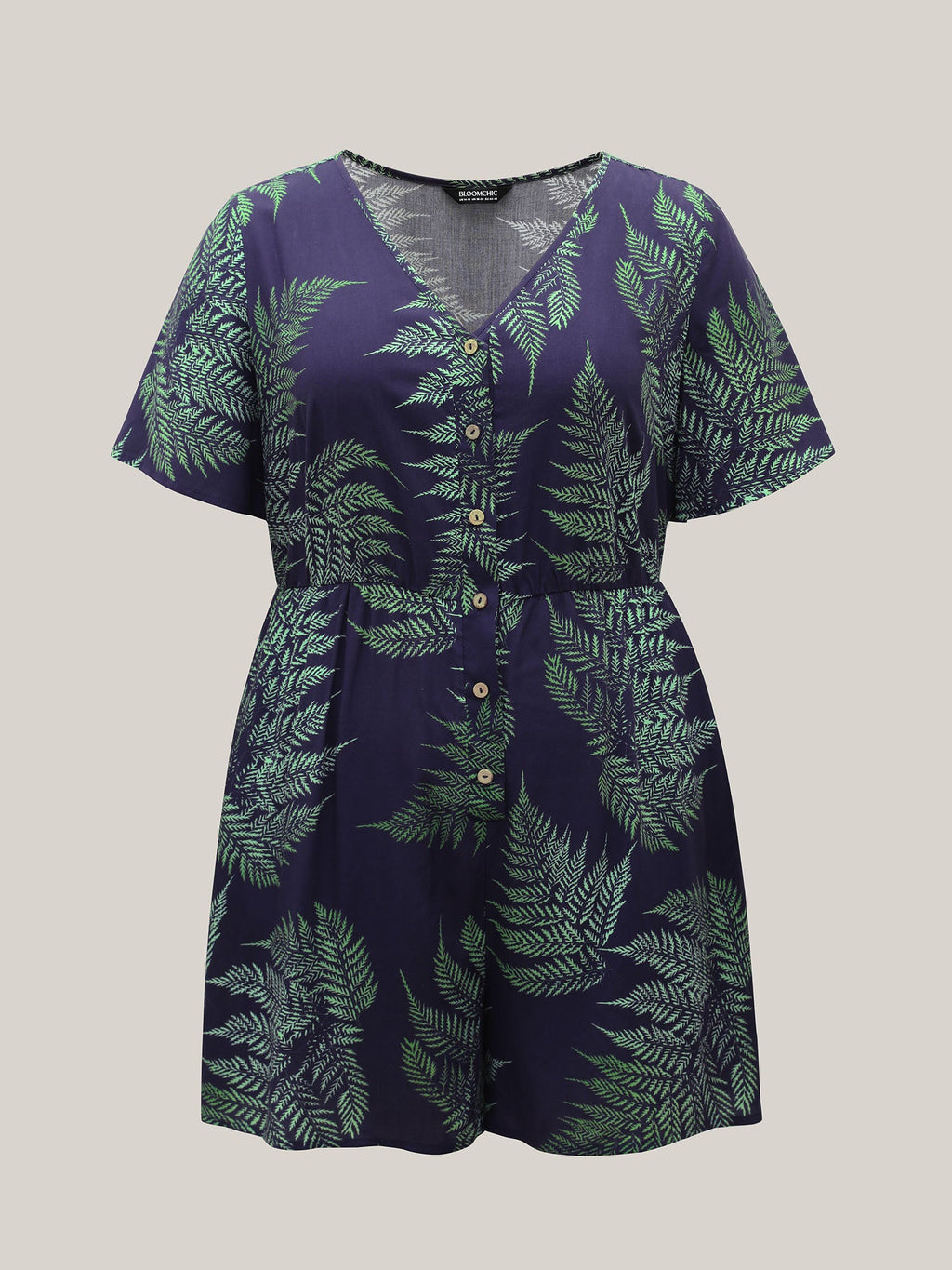 Tropical Leaf Print Pockets Button Romper