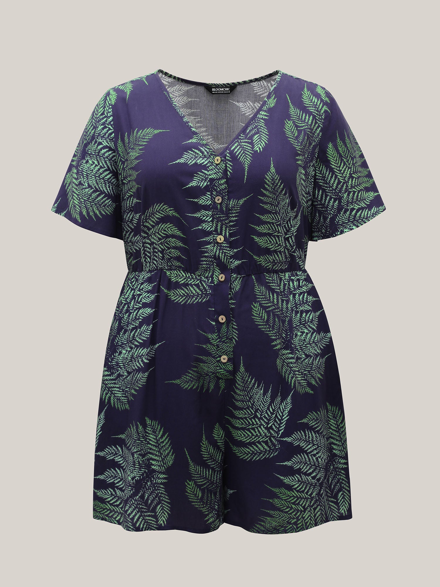 Tropical Leaf Print Pockets Button Romper