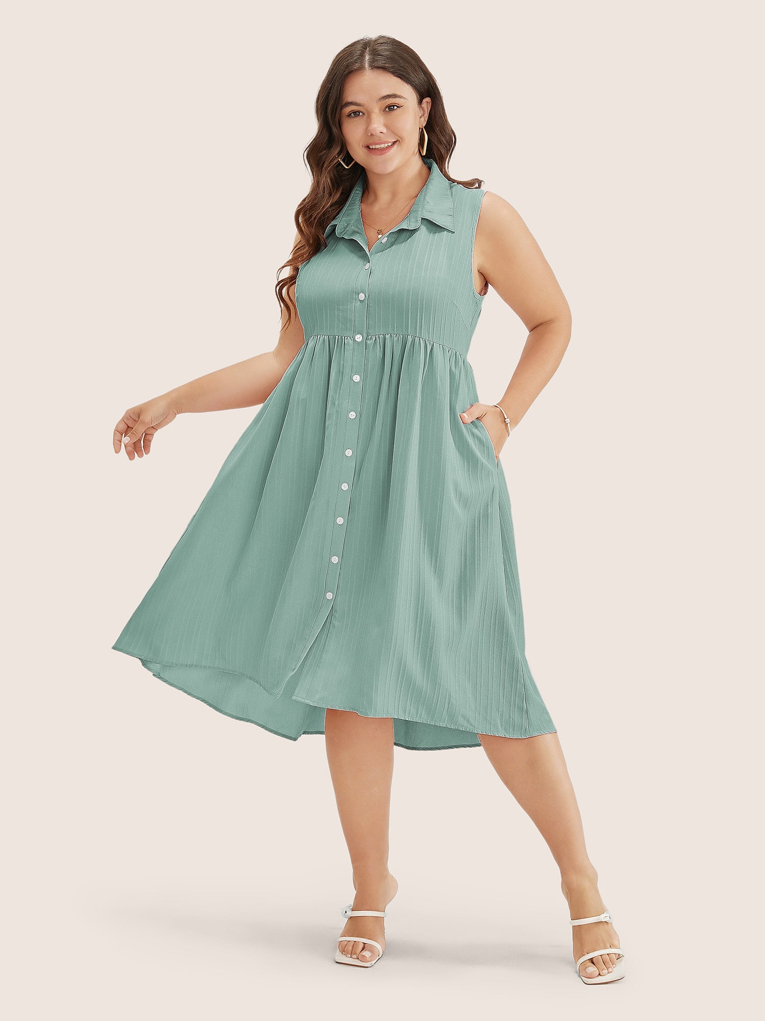 Solid Shirt Collar Ruffle Pocket High Low Hem Button Up Dress