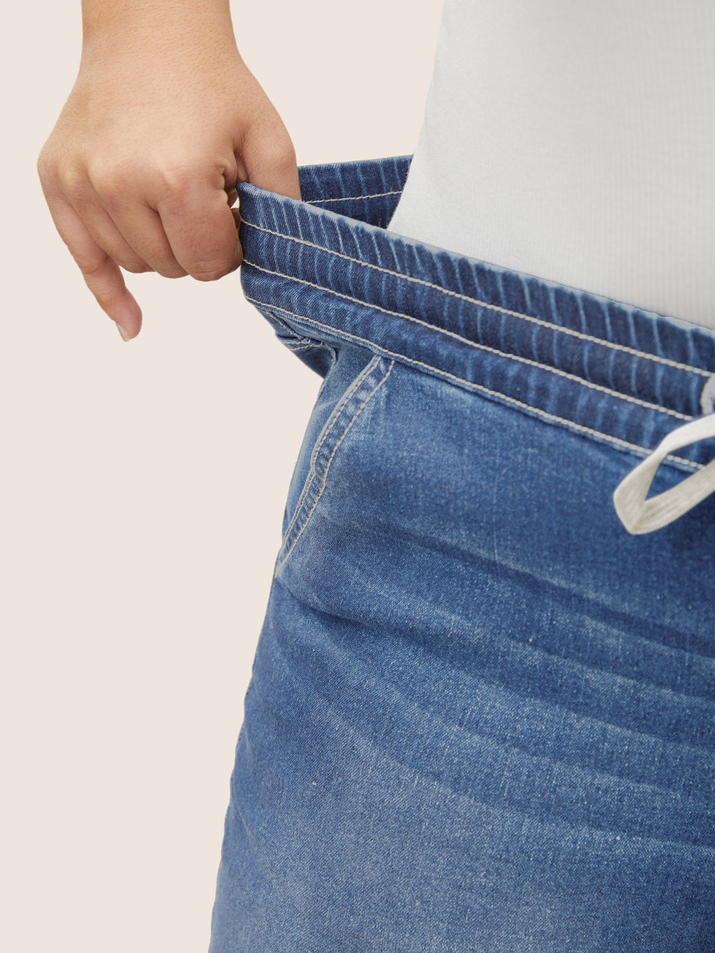 Roll Hem Elastic Waist Drawstring Denim Shorts