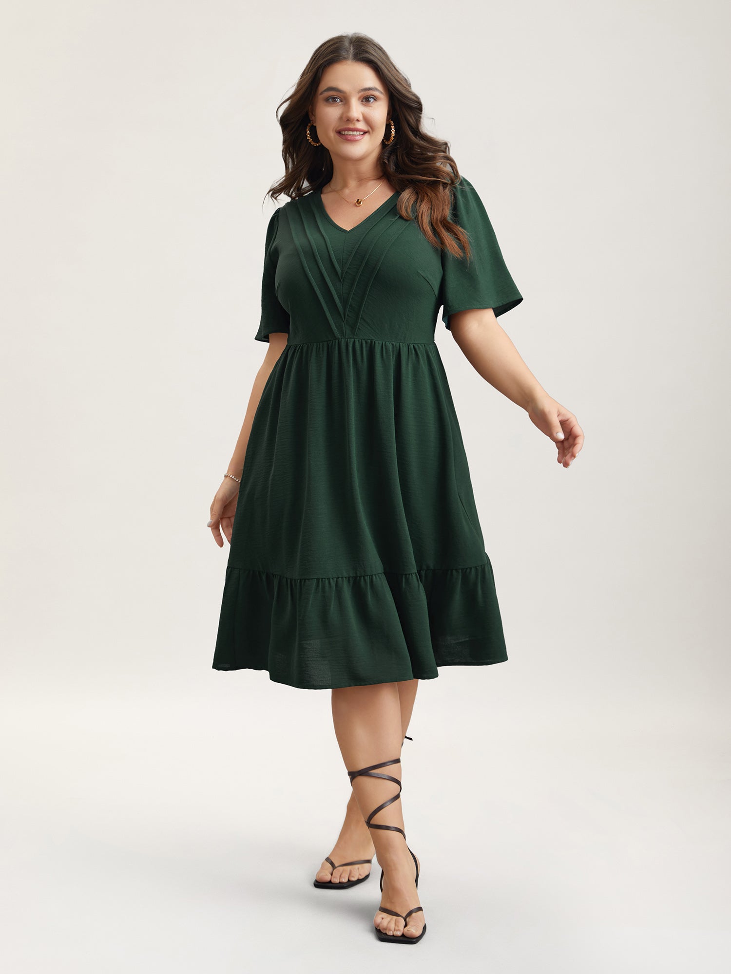 Bib-Front V-Neck Pockets Tiered Midi Dress