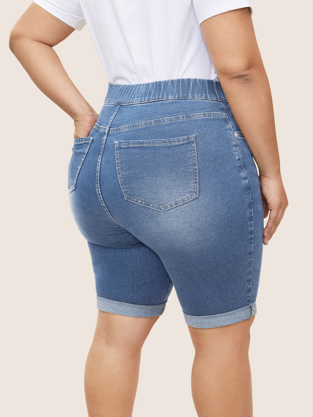 Roll Hem Elastic Waist Dark Wash Denim Shorts