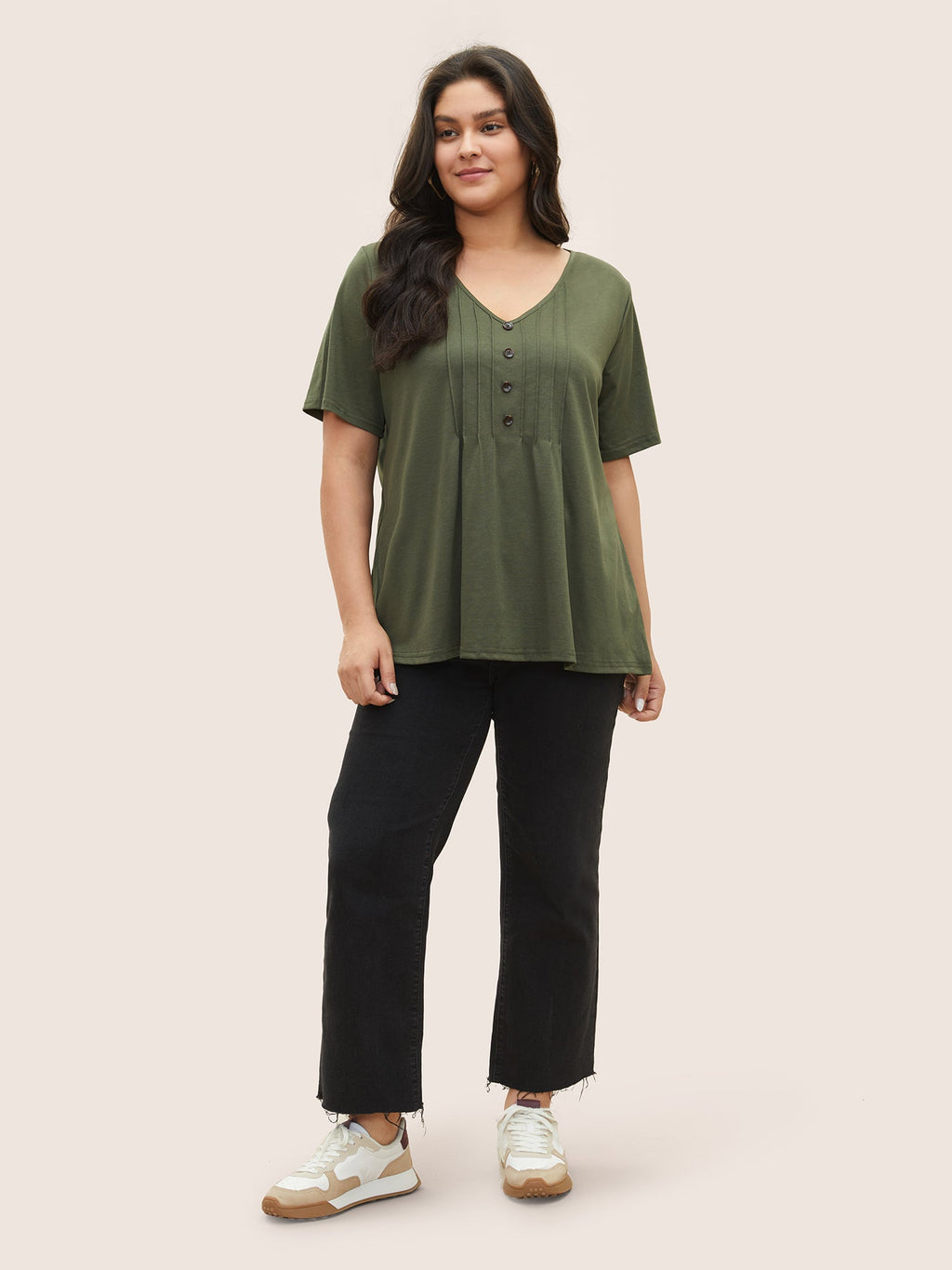 Solid Pleated Front Button Detail V Neck T-shirt