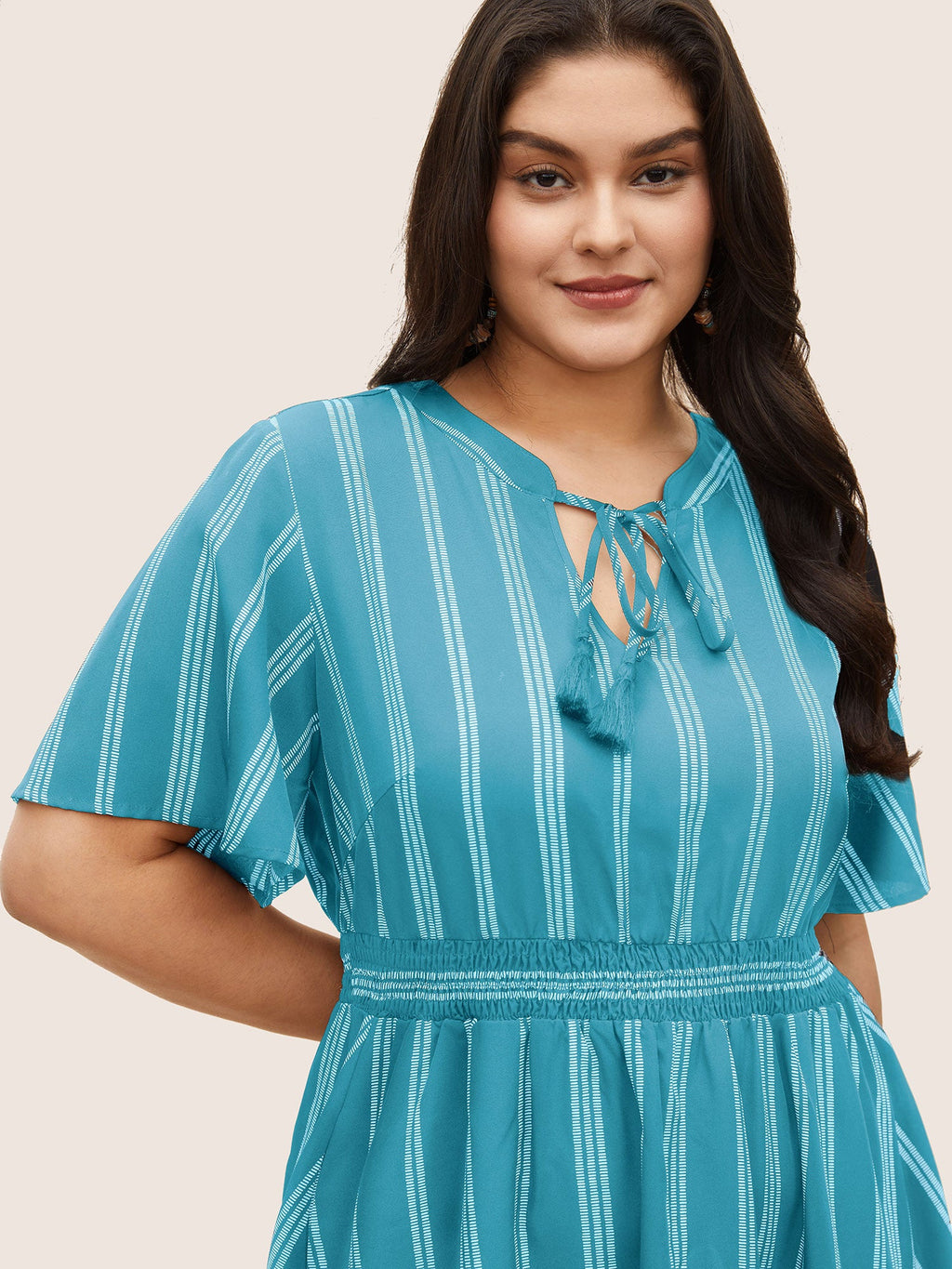 Striped Patchwork Tassels Ties Shirred Dress
