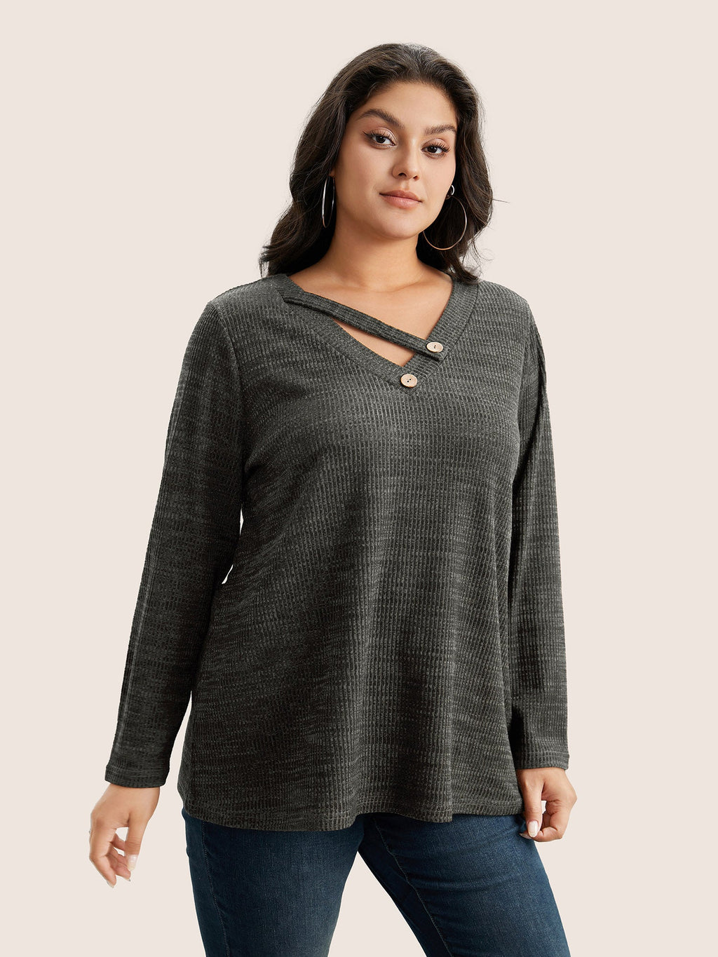 Solid Rib Knit Button Detail T-shirt