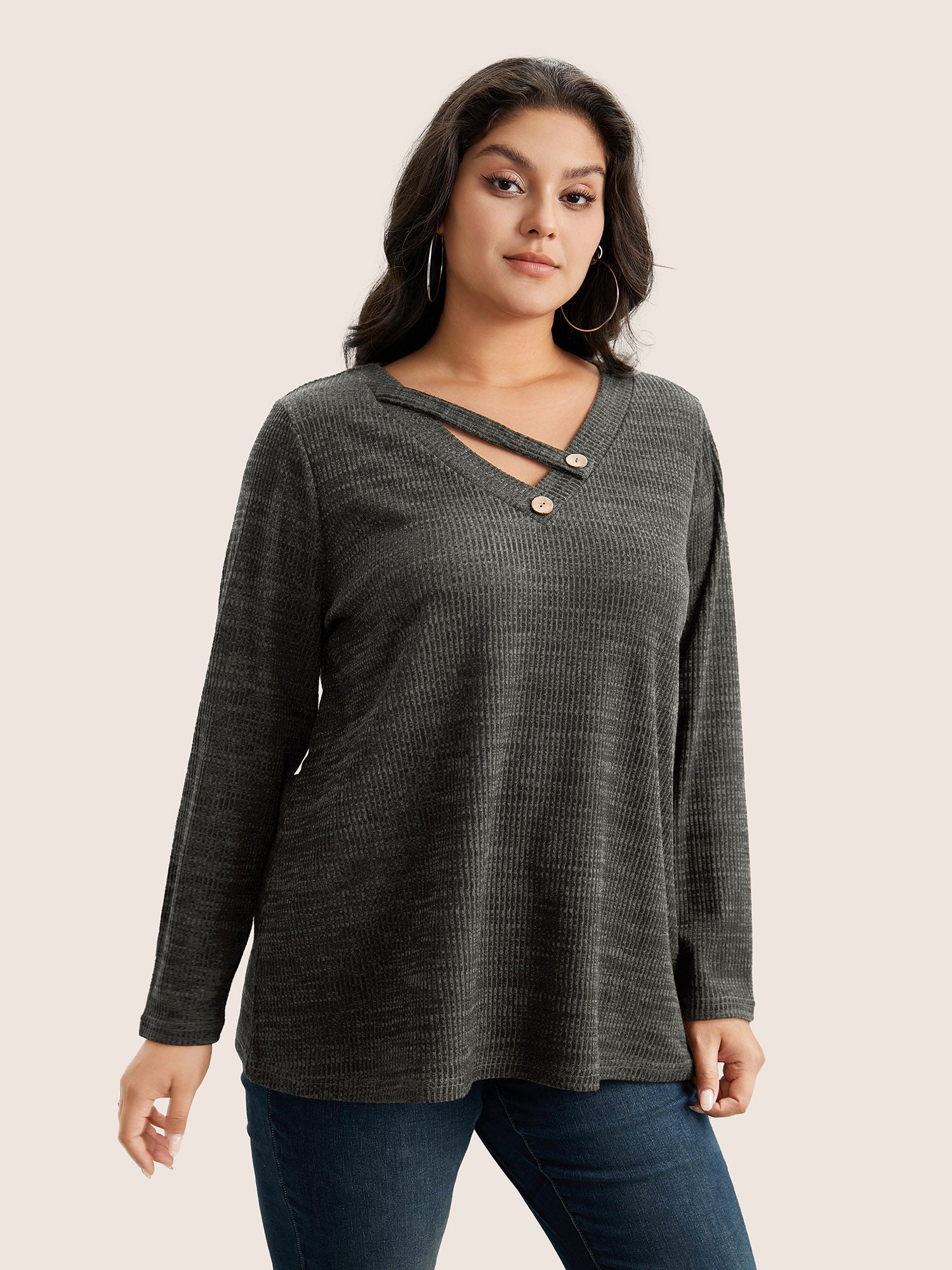 Solid Rib Knit Button Detail T-shirt