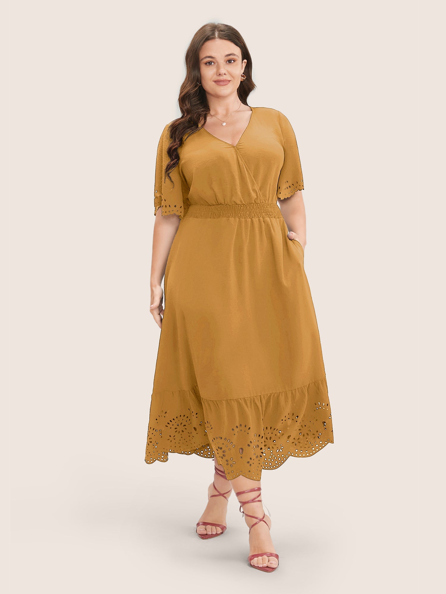 Solid Laser Cut Shirred Pocket Wrap Scalloped Trim Flutter Dress