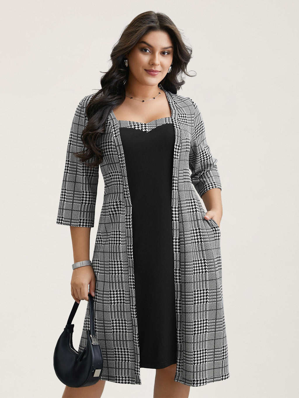 Houndstooth Print Waist-Cinched Patchwork Midi Dress