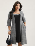 Houndstooth Print Waist-Cinched Patchwork Midi Dress