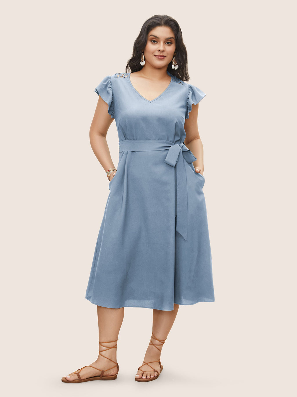 Solid Cut Out Ruffle Cap Sleeve Dress