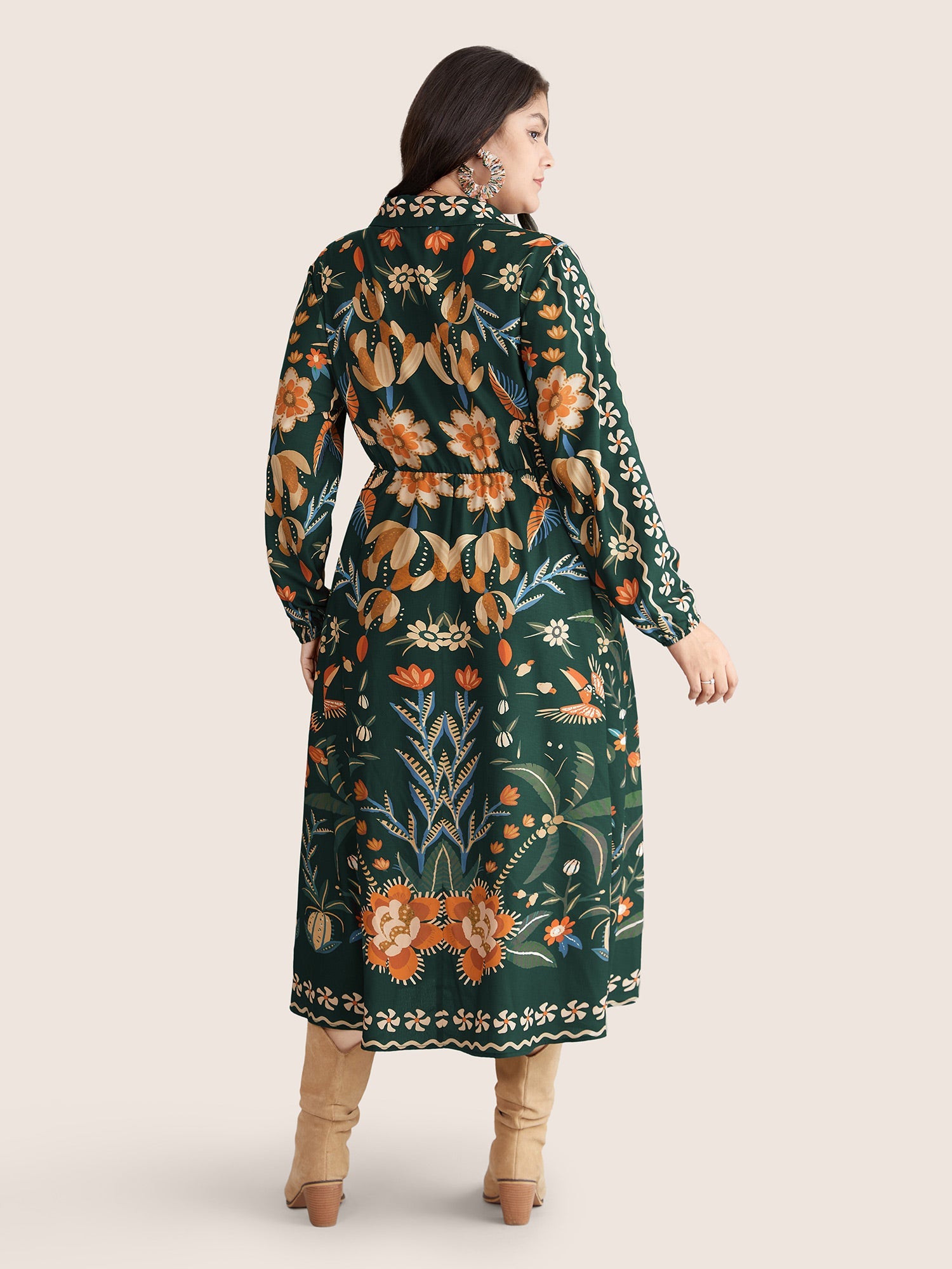 Bandana Print Pocket Lapel Collar Elastic Cuffs Dress
