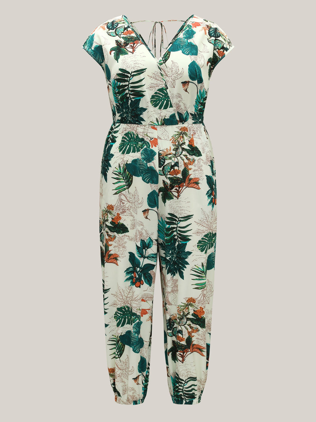 Tropical Print Surplice Neck Back Tie Jumpsuit
