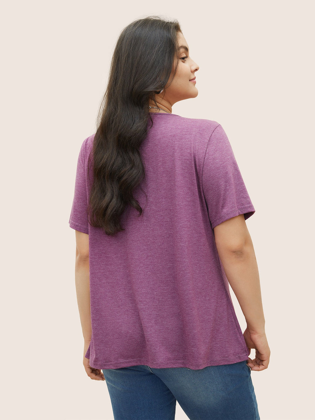 Solid Pleated Front Button Detail V Neck T-shirt