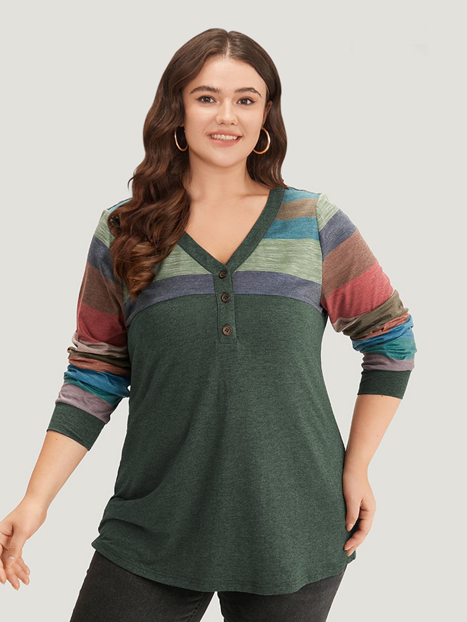 Colorblock Contrast V Neck Button Up T-shirt