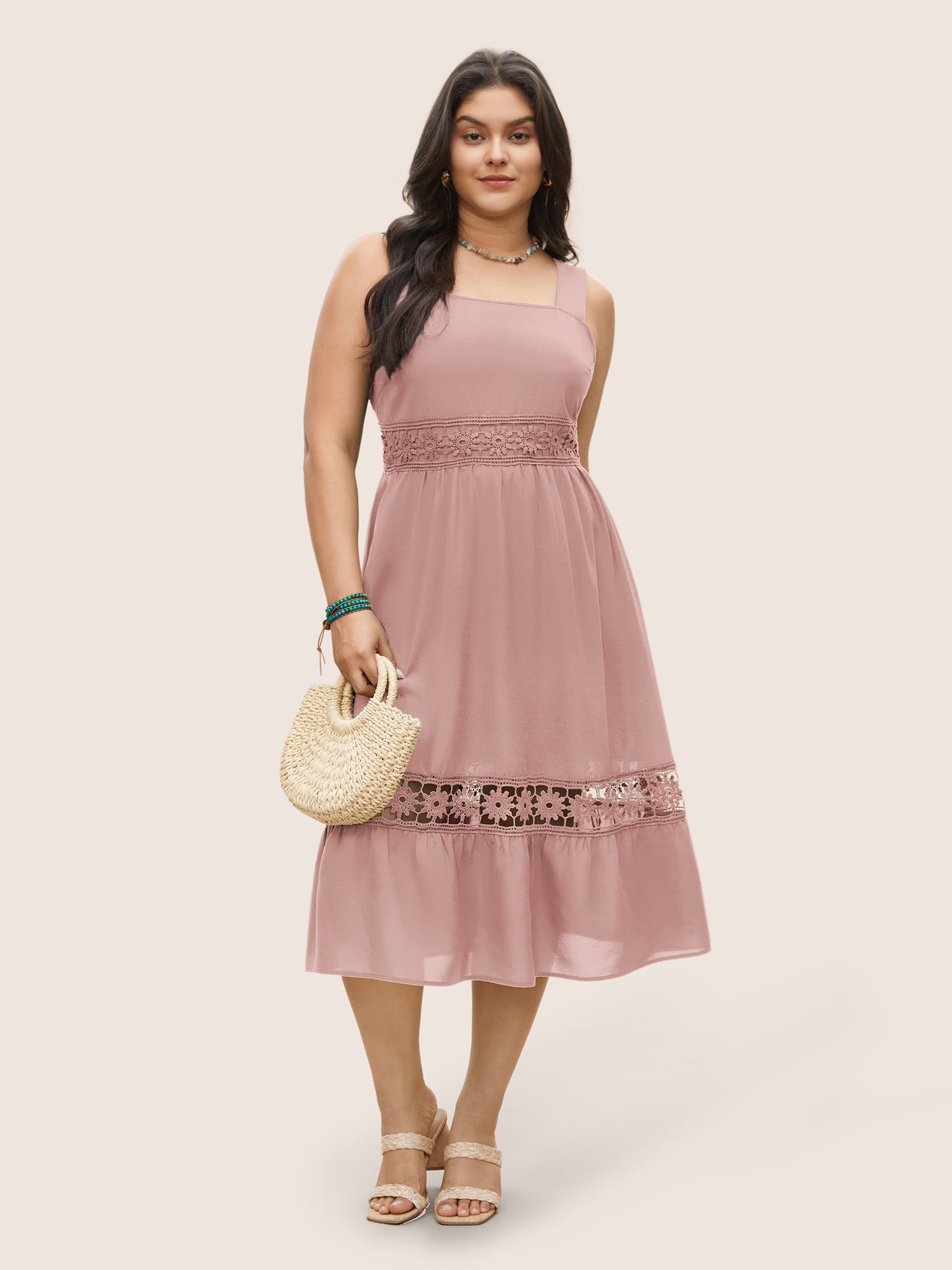 Plain Elastic Waist Cut Out Lace Patchwork Dress