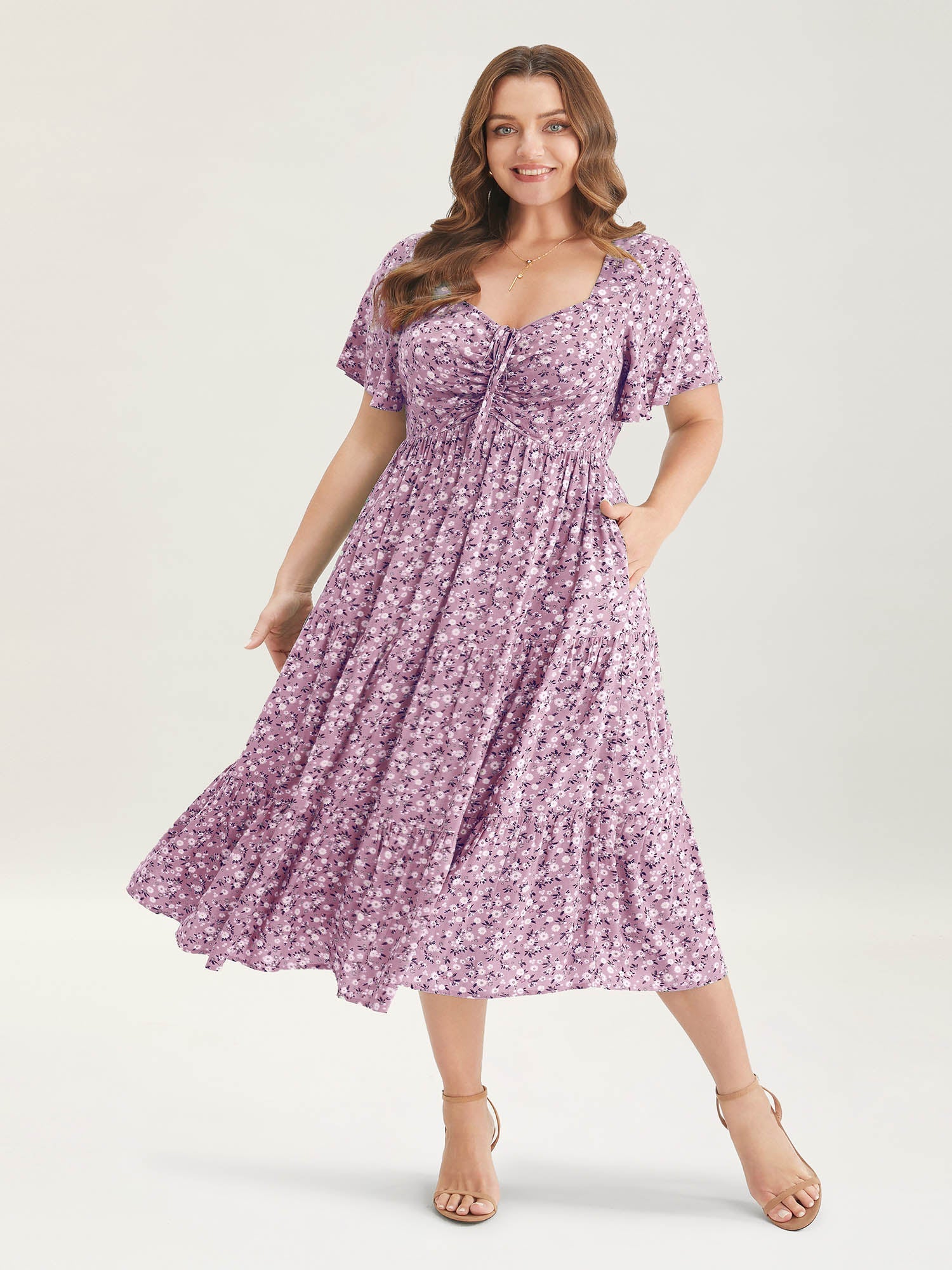 Ditsy Floral Drawstring Ruched Pocket Ruffle Tiered Dress