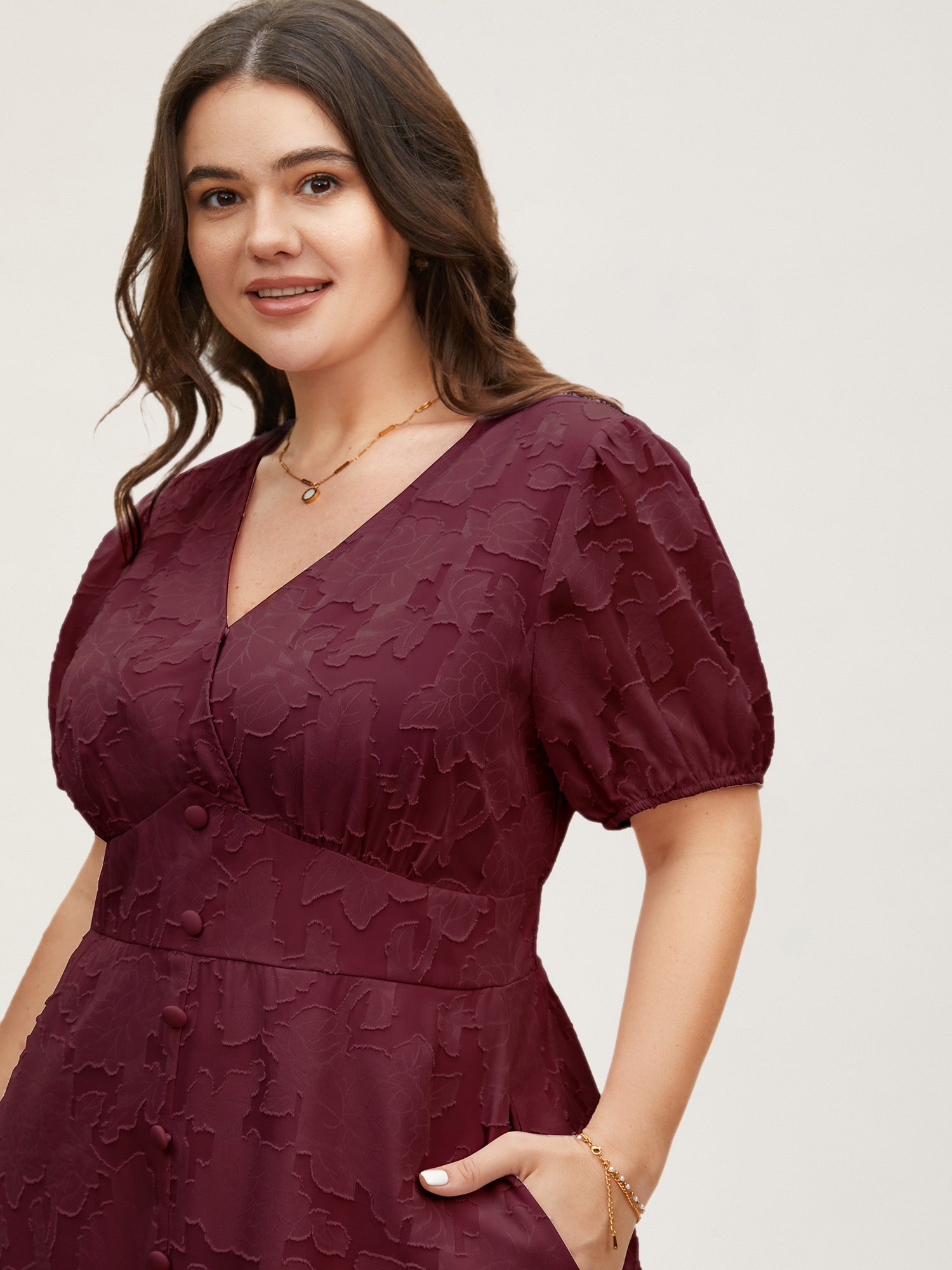 Solid Textured Lantern Sleeve Button Detail Dress