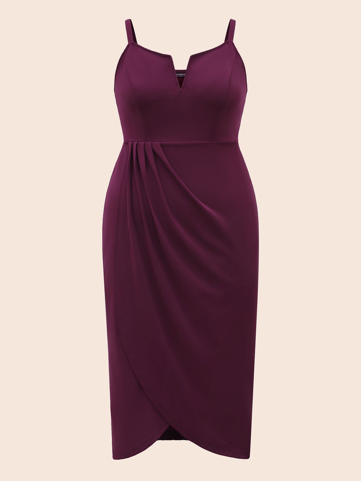 Plain Notched Pleated Detail Spaghetti Strap Wrap Hem Dress