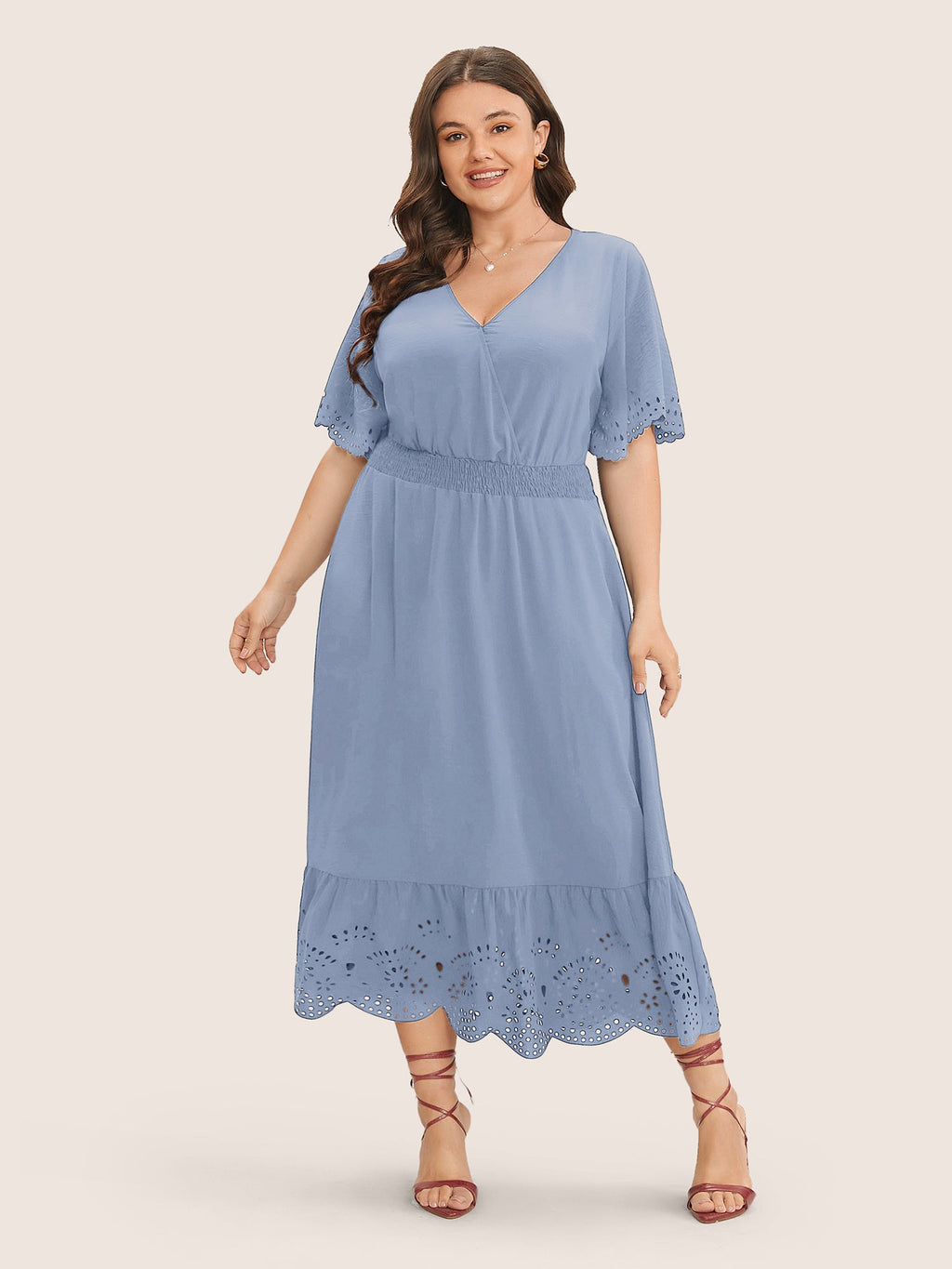 Solid Laser Cut Shirred Pocket Wrap Scalloped Trim Flutter Dress