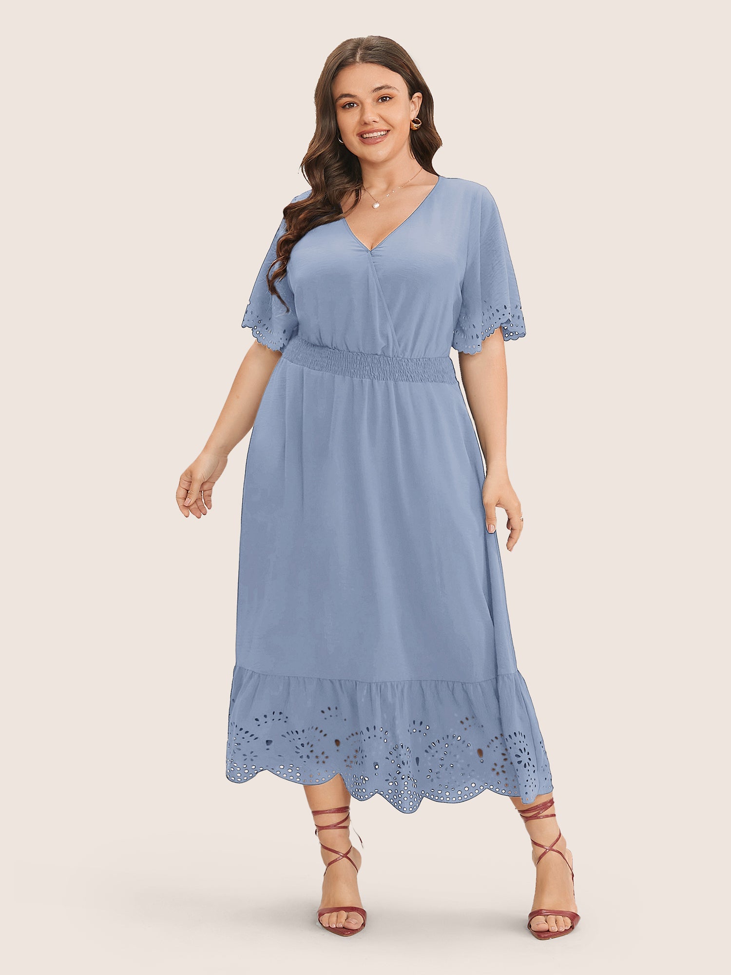 Solid Laser Cut Shirred Pocket Wrap Scalloped Trim Flutter Dress