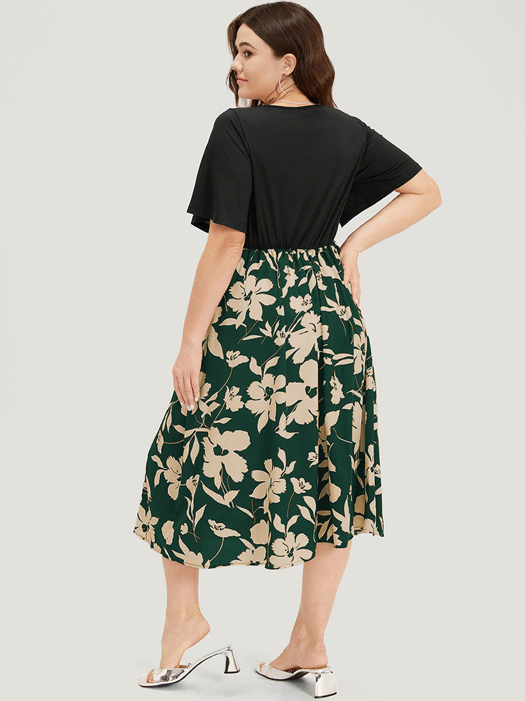 Silhouette Floral Print Patchwork Crossover Pocket Dress