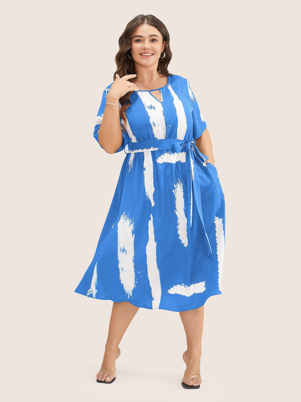 Brush Print Keyhole Belted Pocket Flutter Dress