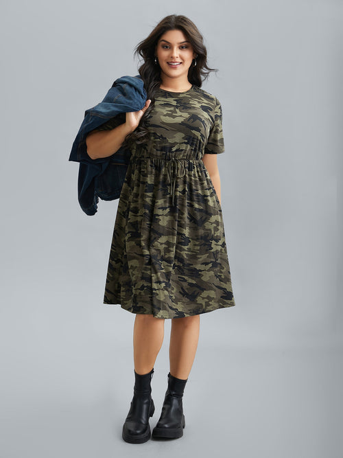 Camouflage Print Round Neck Pockets Midi Dress