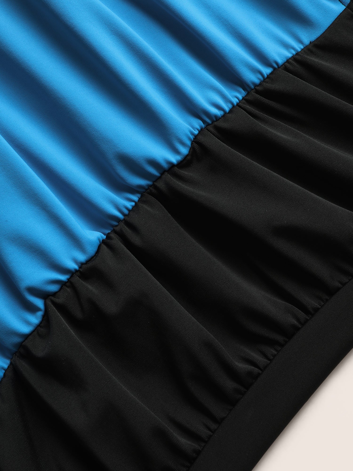 Contrast Patchwork Gathered Half Zip Swim Top