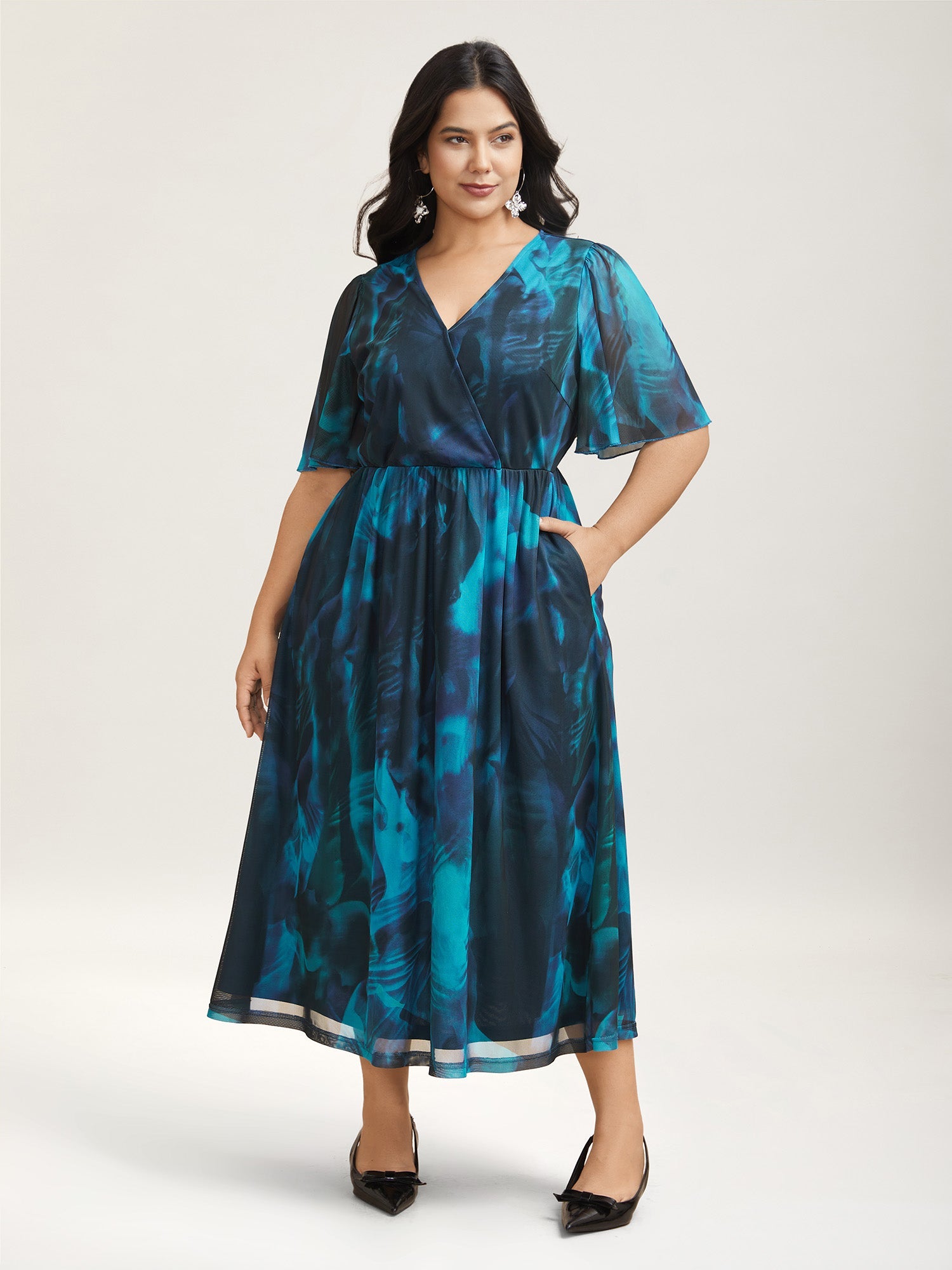 Floral Fusion Wrap Neck Midi Dress