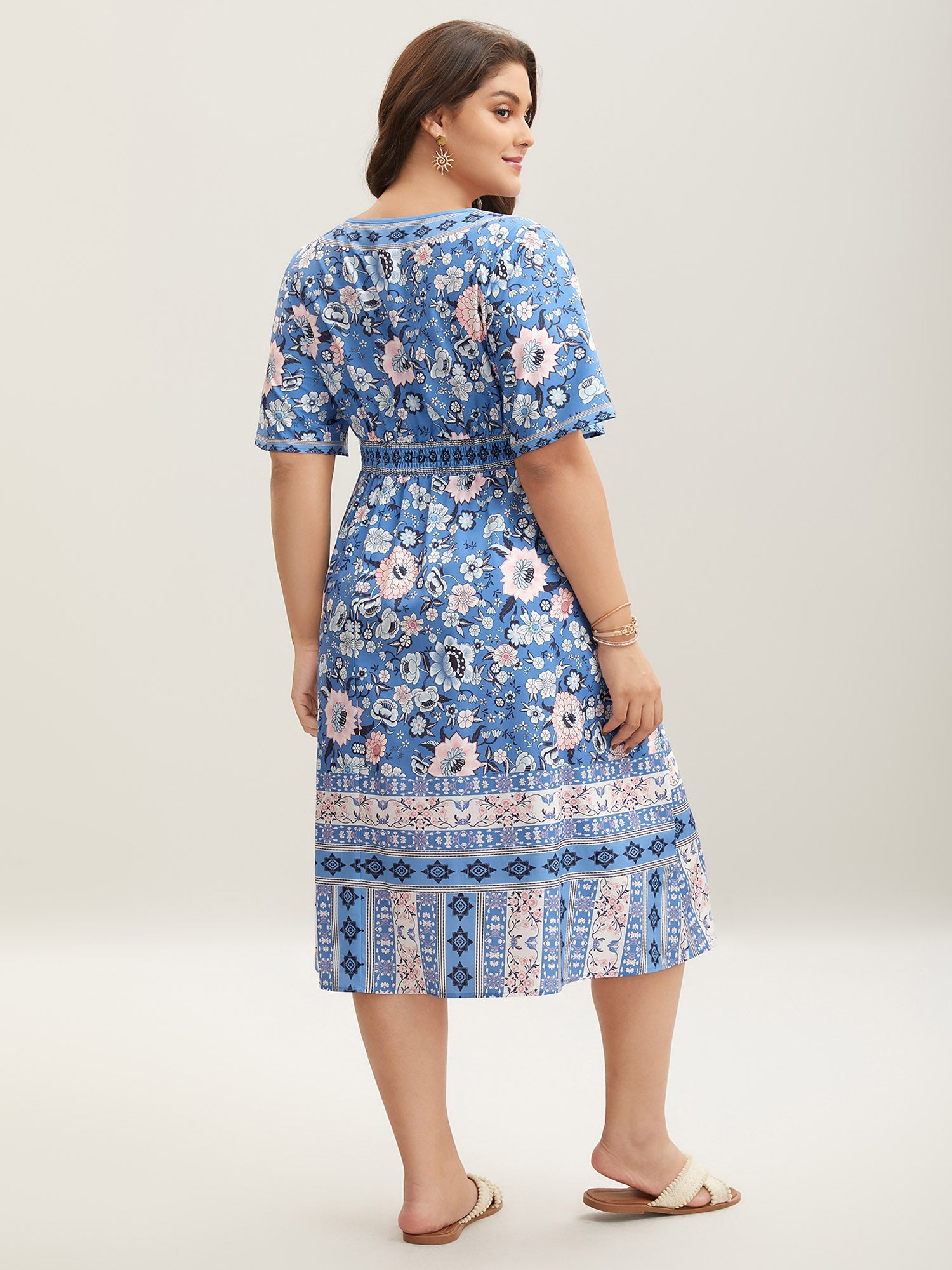 Boho Print Pockets V-Neck Midi Dress